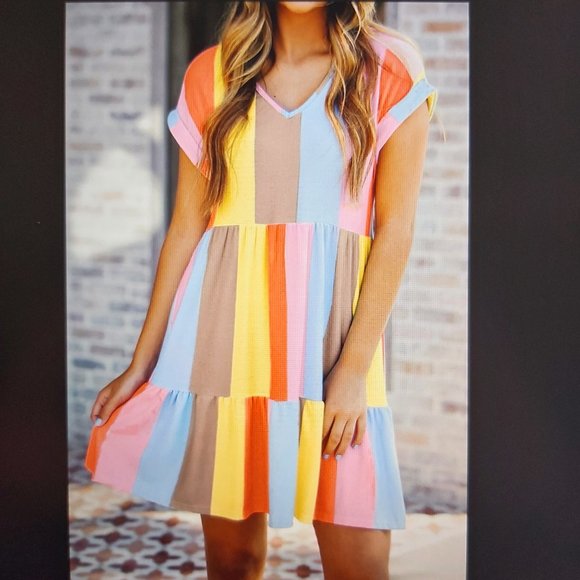 085. Red Multicolor Striped Color Block Tiered Mini Dress  Size S - Picture 2 of 14